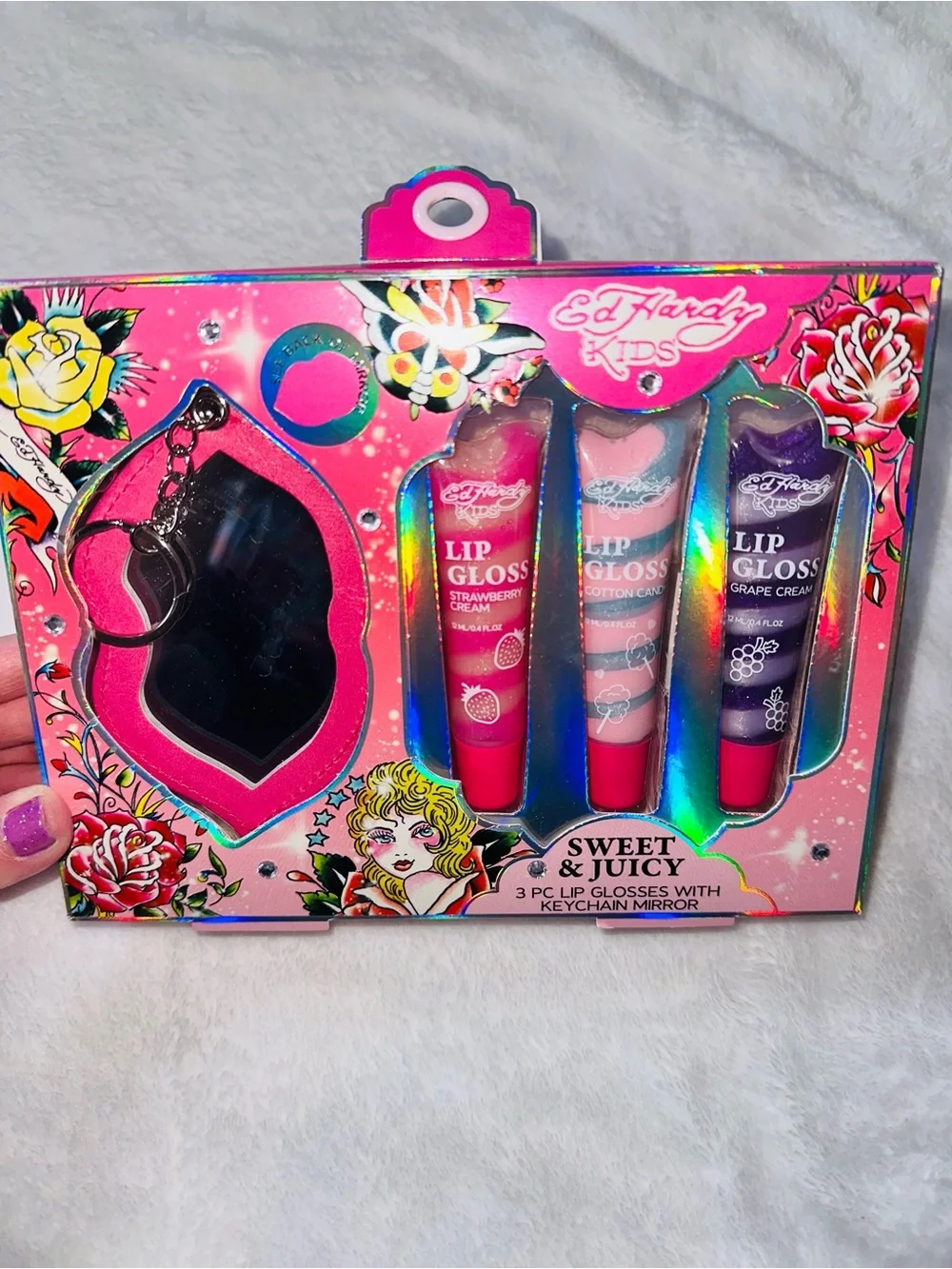 New Ed Hardy 3pc Lip Gloss With Key Chain Mirror Set